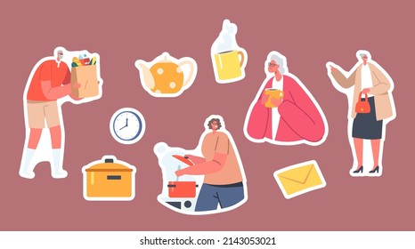 Set Of Stickers Volunteers Care Of Elderly People Cooking Food, Deliver Grocery, Caregiving, Social Help To Seniors, Caregiver Characters Support, Help Or Assistance. Cartoon Vector Illustration