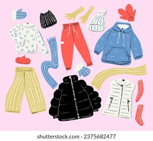 A set of stickers in warm winter clothes.   Vector illustration in the flat style.