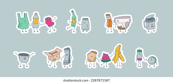 Set of stickers for waste sorting trash cans. Cute kawaii trash characters. Vector illustrations for design, stickers, etc.