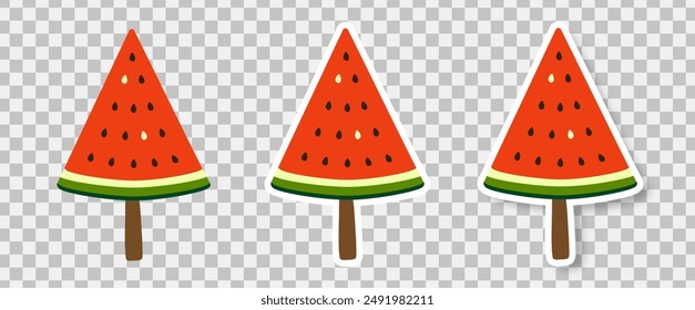 A set of stickers or watermelon slice icons on a stick on a transparent background. Fashionable design in the style of pop art of the 80s. Vector illustration.