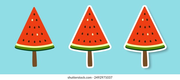 A set of stickers or watermelon slice icons on a stick on a blue background. Fashionable design in the style of pop art of the 80s. Vector illustration.