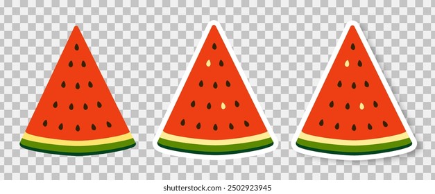 A set of stickers or watermelon slice icons on a stick on a blue background. Fashionable design in the style of pop art of the 80s. Vector illustration.