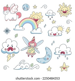 Set de climas calmantes, nubes, sol, sonrisas, arcoiris, unicornio, nubes lindas Feria de vainilla y estrellas. Un conjunto plano de colores delicados. Emsticadores de emoción.