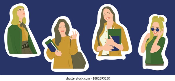 Set of stickers with white stroke, flat portraits of different teenage girls 