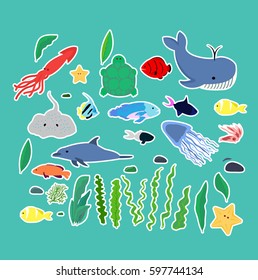 A set of stickers with a white stroke. Marine animals: fish, squid, jellyfish, turtle, starfish, algae. Aquarium animals. Vector illustration.