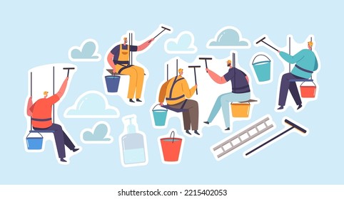 Juego de pegatinas Ventana Lavar caracteres en uniforme con vidrio de construcción de limpieza de equipos. Trabajos de Servicio de Limpieza Profesional, La gente cuelga en el corte de pistas. Ilustración de vectores de dibujos animados, parches