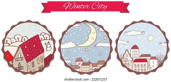 set stickers with winter city