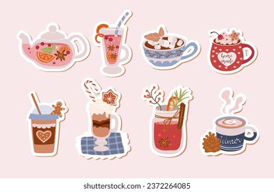 Set  stickers . Winter hot drinks.Vector illustration