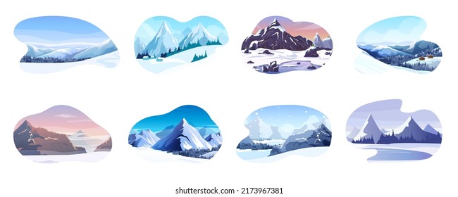 Set of stickers with winter mountain landscapes. Colorful, beautiful views of the mountain landscape, snowy slopes and rock mountains. Vector illustration