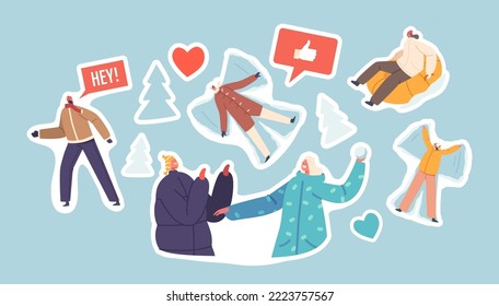 Set of Stickers Winter Season Outdoors Leisure and Christmas Activities. Happy Young Couples Woman and Man Characters Playing Snowballs, Sliding, Make Angel and Skating. Cartoon Vector Illustration