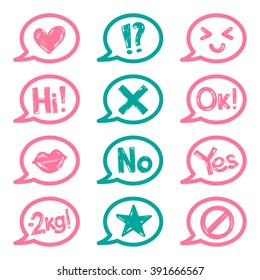 Set of stickers for woman diary. Vector illustration with hand-draw doodles symbols: heart, star, lips, words and other.