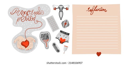 Ponga pegatinas en el estilo de mano plana del diario menstrual de la mujer. Etiquetas de hojas de reflexión para niñas conscientes. Artículos de higiene femenina reutilizables.