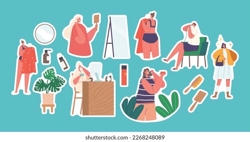 Juego de stickers Women Daily Rutina. Procedimientos de Higiene de Personajes Femeninos Delante del Espejo. Chica Aplique Máscara Facial, Rojo, Pelo De Curlo, Vestida En Casa. Ilustración de vectores de dibujos animados, parches