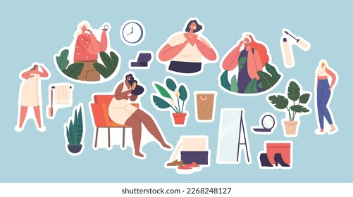 Juego de stickers Women Daily Rutina. Procedimientos de Higiene de Personajes Femeninos Delante del Espejo. Chica De Pelo, Aplique Masaje Facial, Rojo, Vestido En Joyería. Ilustración de vectores de dibujos animados, parches