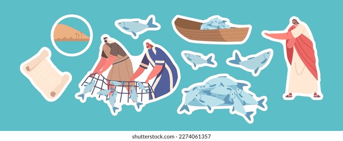 Set of Stickers Wonderful Catch Biblical Theme. h Jesus and Apostle Characters Caught A Large Amount Of Fish with Net