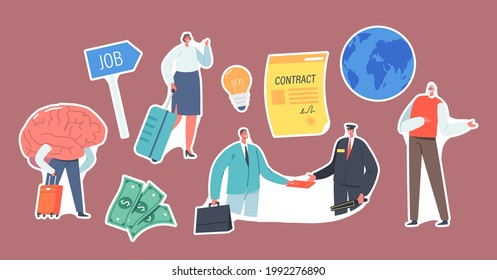 Set of Stickers Work Migration, Drain Brain. Businesspeople Characters Leaving Motherland for Employment Abroad. People Reserach Job Opportunity in Foreign Country. Cartoon Vector Illustration