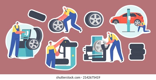 Set of Stickers Workers Change Tires at Garage. Male Characters Wear Uniform Mount Tyres on Car Stand on Lift at Mechanic Workshop, Vehicle Repair, Maintenance, Fixing Service. Cartoon Vector Patches