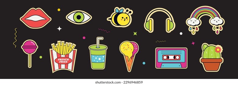 Set of stickers in the Y2K style. Dark isolated background. Ice cream, lips, candy, cassette, cocktail, retro headphones, rainbow, cactus, bee, french fries. Y2k icons set, 2000s