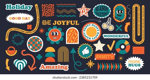 Set of stickers in y2k style. Positive and festive phrases and words. Elements in trendy style.