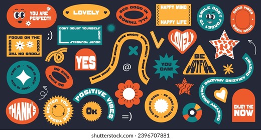 Set of stickers in y2k style. Positive and festive phrases and words. Elements in trendy style.