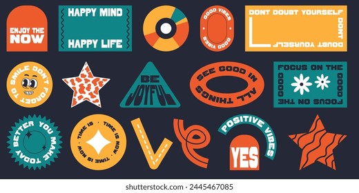 Set of stickers in y2k style. Positive and festive phrases and words.