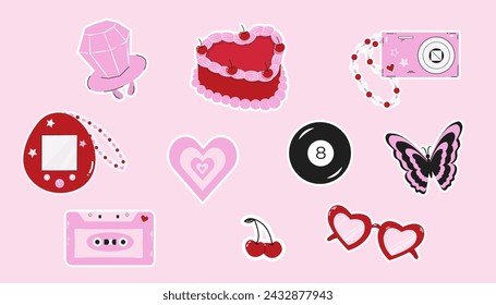 Set of stickers in y2k style. Trend elements of the 2000s. Vector illustration.