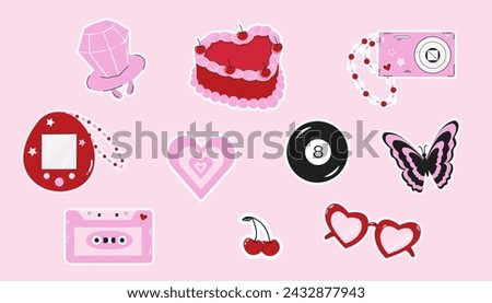 Set of stickers in y2k style. Trend elements of the 2000s. Vector illustration.