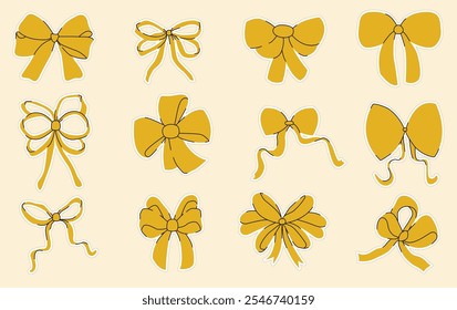 Set of stickers with yellow  bows. A collection of hand-drawn ribbon bows. Stickers