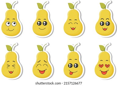 Set of stickers yellow pear with kawaii emotions. Flat vector illustration of a pear with emotions On a white background.