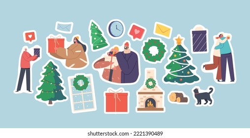 Set of Stickers Young Couple Celebrate Christmas Holiday Giving Gifts and Hugging near Fir Tree. Happy Family Characters Man and Woman New Year and Xmas Celebration. Cartoon Vector Patches Pack