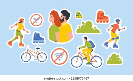 Set of Stickers Young Men and Women Characters Resting Actively in Park. Healthy Lifestyle. Conscious Using of Digital Devices. Social Media Detoxification. Cartoon People Vector Illustration, Patch