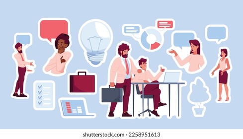Conjunto de stickers Jóvenes personajes de trabajadores de oficinas consideran cuestiones laborales. Proceso de ejecución de tareas. Discusión de proyectos empresariales. Burbuja de voz, bombilla de luz, elementos de oficina. Patrullas de vectores de personas de dibujos animados