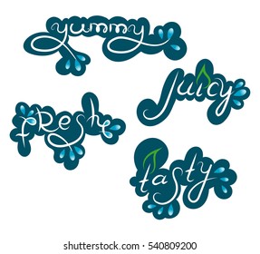 Set of Stickers, Yummy, Juicy, Fresh, Tasty, Dark Turquoise, Vector Illustration EPS10