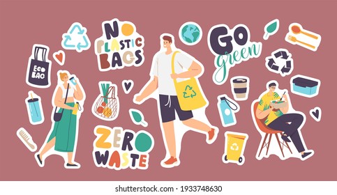 Set Of Stickers Zero Waste, No Plastic Bags. People, Recycling Litter Bin, Bamboo Or Wood Utensils, Eco Bag And Earth Globe With Reusable Water Bottle, Go Green Typography. Cartoon Vector Illustration