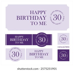 Set stickers.Tarjeta Cumpleaños. Morado y tonos lavanda. Varios elementos gráficos, etiquetas, insignias.