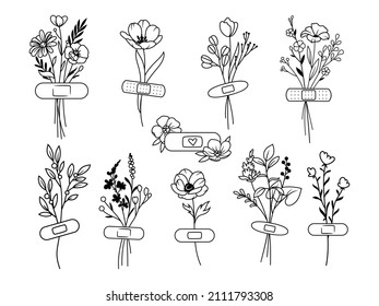 Set of sticking plasters with flower. Collection of adhesive bandage with wildflower for first aid. Naturel pharmacy plaster. Love yourself. Vector illustration  isolated on white background.