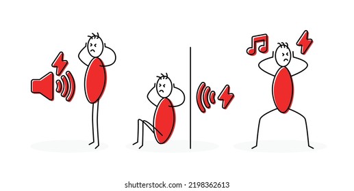 Set Of Stickman Covering Ears From The Noise. Stressed Stick Man With Headache And Noisy People Vector Illustration. Annoyed And Disturbed Symbol.