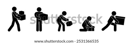 set of stickman icons in various poses, man carrying and picking box, sticks figure human silhouette, carries cargo, courier illustration