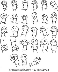 A Set of stickman template icons suitable for art, fantasy, science, interior, animal, finance, character, travel, tourism, transportation, people, monster and music content with doodle cartoon style