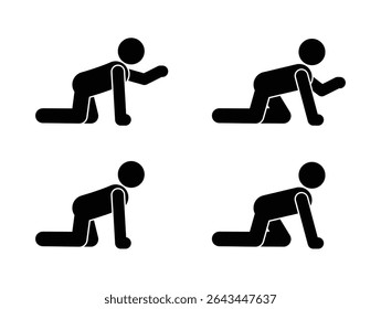 Set of stickmen in crawling and quadruped poses. Simple flat vector characters in various positions on all fours. Minimalist style for design or animation use.