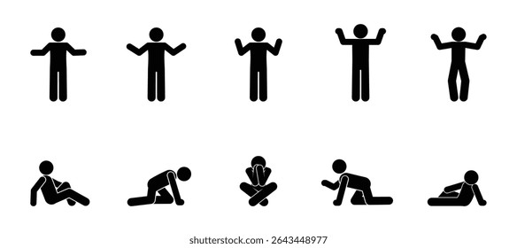 Conjunto de stickmen de pé e sentado em estilo simples vetor plano. Personagens minimalistas em várias poses relaxadas e ativas para uso de design versátil.