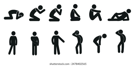 A set of stickmen, a stick figure in different poses, a flat vector illustration isolated on a white background