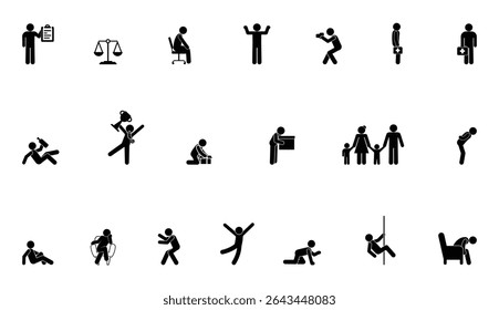 Conjunto de stickmen em várias poses e atividades. Pessoas simples vetor planas fazendo diferentes tarefas e ações. Personagens minimalistas para design e animação versáteis.