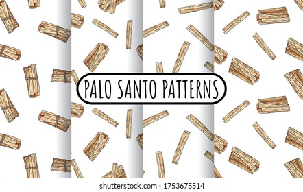 Set of sticks hand-drawn boho seamless patterns. Collection of palo santo herb bundles texture background stock vector tiles