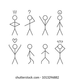 Set of sticks people figure. In thought, in love, full of ideas, upset smile. Vector illustration.