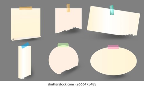 Conjunto de nota pegajosa, palillo de papel de cuaderno sobre fondo gris. Ilustración vectorial.