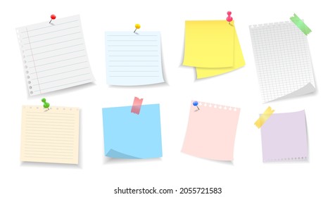 Set of sticky note paper, notebook pages and sheets. Notes with pushpin, needles and adhesive tape. Blank sheets for note message. Vector illustration.