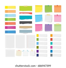 set of sticky note and torn paper sheets isolated background. 