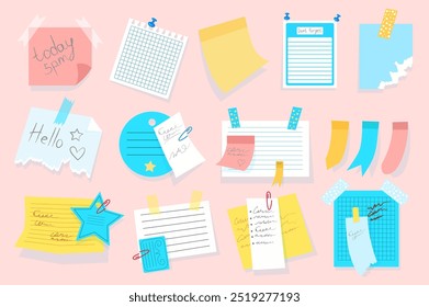 Set of sticky notes in flat cartoon design. This image shows a colorful assortment of illustrated stickers and reminders set against a pastel pink background. Vector illustration.