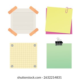 Set of sticky notes on white background. Paper for notes, planning and reminders. Vector illustration
